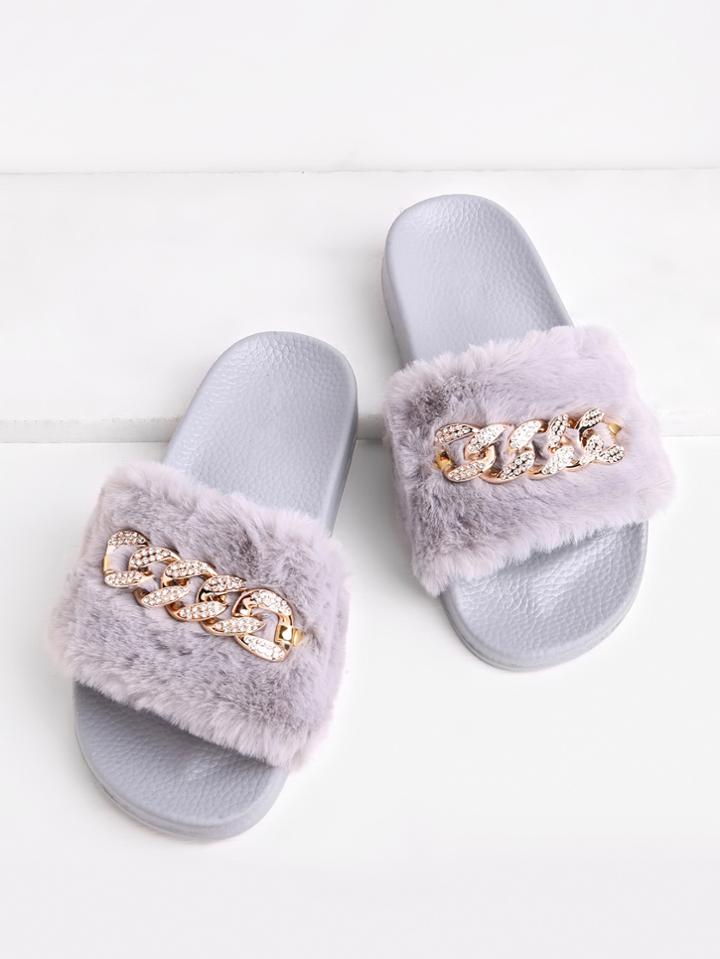 Shein Chain Detail Faux Fur Slippers