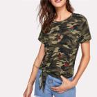 Shein Flower Applique Knot Front Camo Print Tee