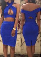 Rosewe Hollow Out Blue Two Piece Bodycon Dress
