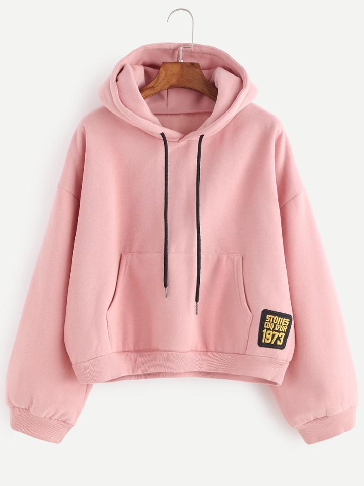 Shein Pink Drop Shoulder Embroidered Patch Drawstring Hooded Sweatshirt