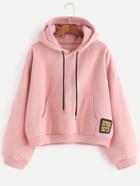 Shein Pink Drop Shoulder Embroidered Patch Drawstring Hooded Sweatshirt