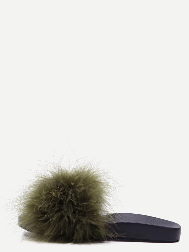 Shein Army Green Peep Toe Feather Soft Sole Slippers