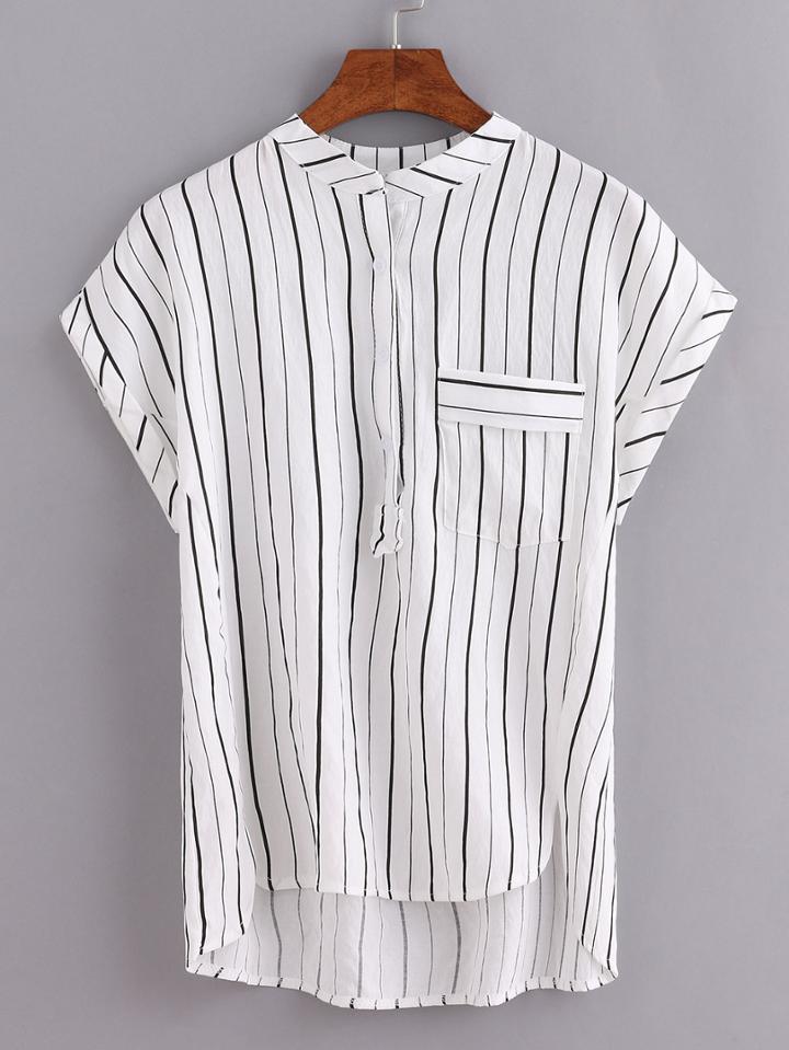Shein Band Collar Buttoned Front Vertical Striped Blouse - White