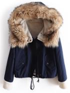 Shein Navy Fur Hooded Long Sleeve Drawstring Coat
