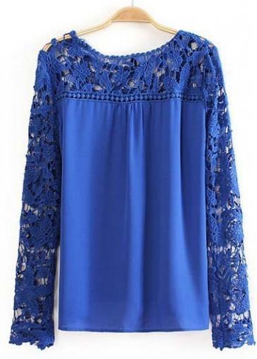 Rosewe Enchanting Lace Splicing Long Sleeve Blue T Shirt