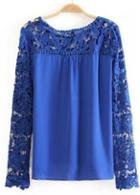 Rosewe Enchanting Lace Splicing Long Sleeve Blue T Shirt