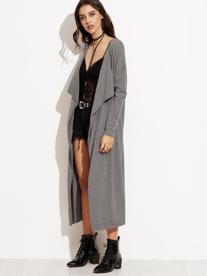 Shein Grey Draped Collar Pockets Long Sweater Cardigan