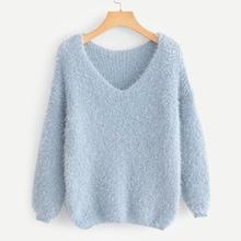 Shein V-neck Solid Fuzzy Jumper