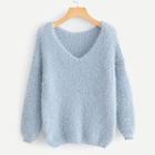 Shein V-neck Solid Fuzzy Jumper