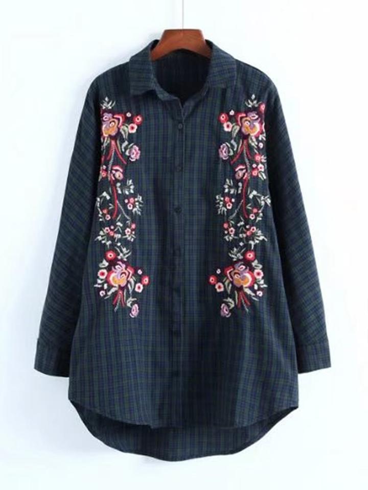 Shein Embroidery Flower Dolphin Hem Blouse