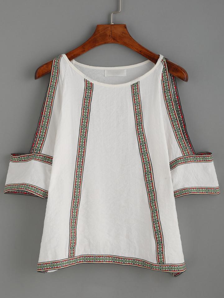 Shein White Cold Shoulder Embroidered Tape Detail Chiffon Top