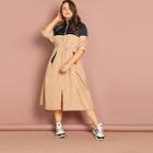 Shein Plus Two Tone Drawstring Waist Longline Coat