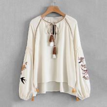 Shein Tassel Tie Embroidery High Low Blouse