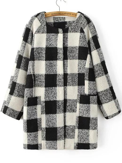 Shein Black And White Plaid Raglan Sleeve Hidden Button Coat