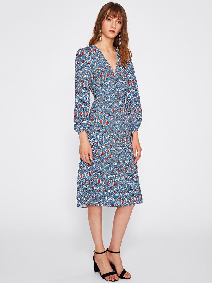 Shein Retro Print Plunge Neckline Dress