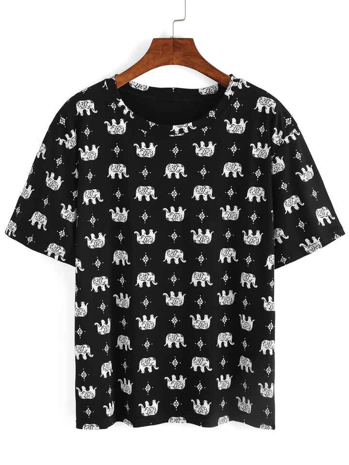Shein Allover Elephant Print T-shirt - Black