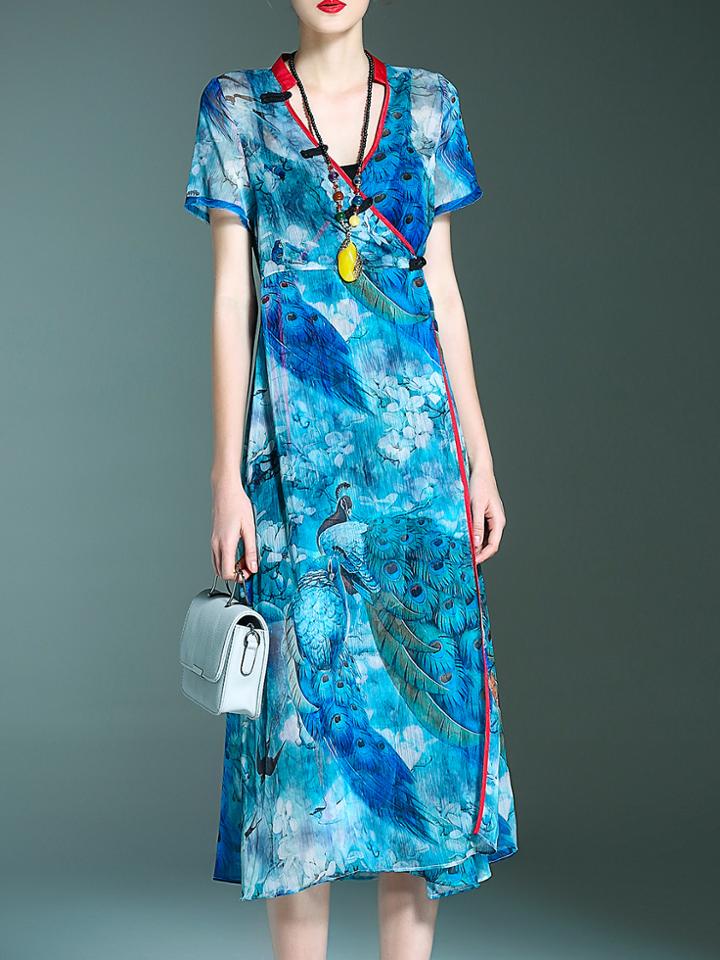 Shein Blue V Neck Peacock Print Sheer Two-piece Dress