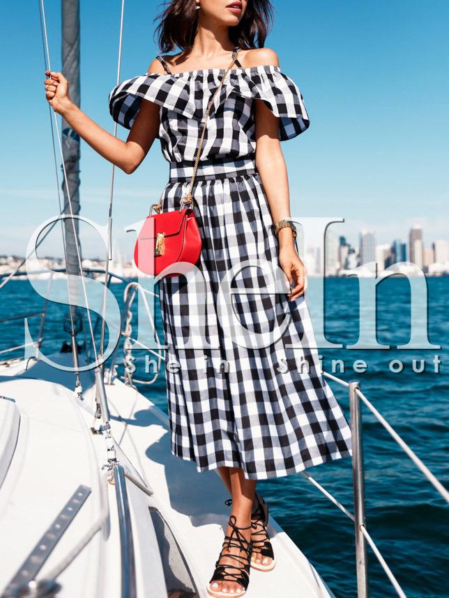 Shein Black And White Plaid Off The Shoulder Dress