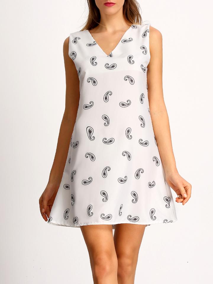 Shein White V Neck Paisley Print Dress With Pockets