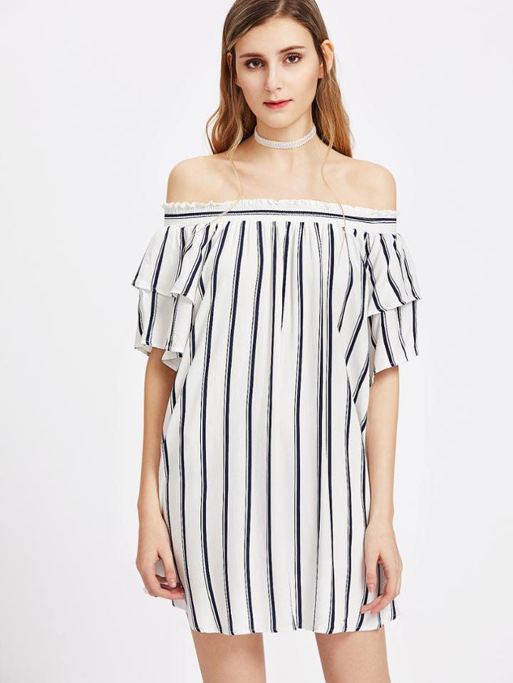 Shein Striped Tiered Sleeve High Low Bardot Dress