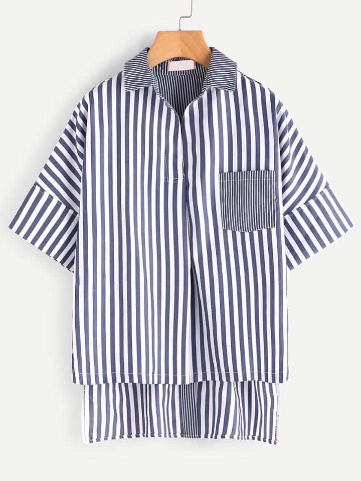 Shein Contrast Vertical Striped Button Back High Low Shirt