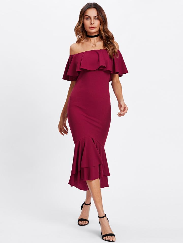 Shein Flounce Shoulder And Hem Bardot Dress