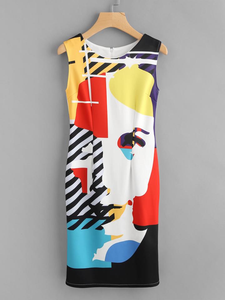 Shein Abstract Print Slit Back Sheath Dress