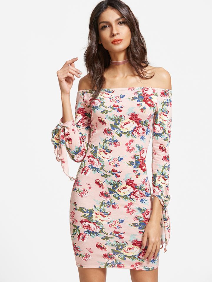 Shein Floral Print Bardot Tie Sleeve Bodycon Dress