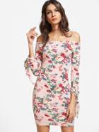 Shein Floral Print Bardot Tie Sleeve Bodycon Dress
