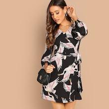Shein Red-crowned Crane Pattern Tie Waist Wrap Dress