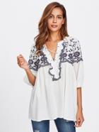 Shein Lantern Sleeve Embroidered Lace Up Front Blouse