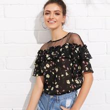 Shein Mesh Shoulder Ruffle Floral Top