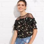 Shein Mesh Shoulder Ruffle Floral Top