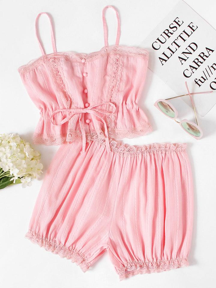Shein Lace Paneled Bow Tie Front Textured Pajama Set