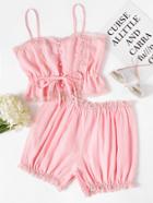 Shein Lace Paneled Bow Tie Front Textured Pajama Set