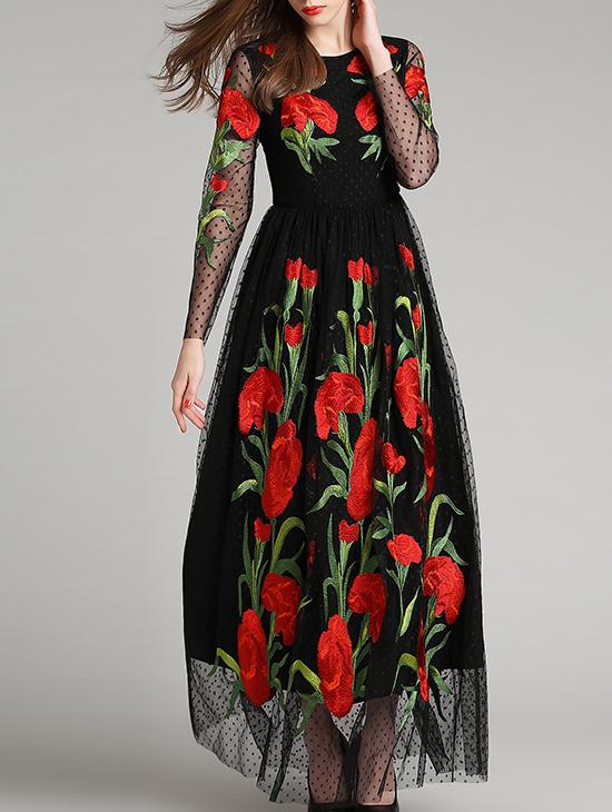 Shein Black Round Neck Long Sleeve Embroidered Maxi Dress