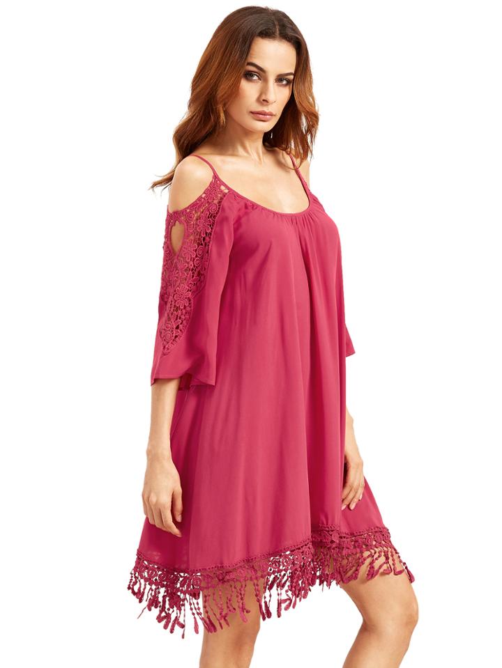 Shein Hot Pink Open Shoulder Crochet Lace Sleeve Tassel Dress