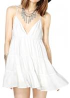 Rosewe Open Back Plunging Neck White Mini Dress