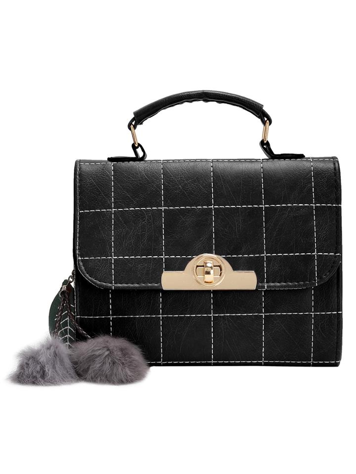 Shein Black Metal Twist Lock Plaid Hairball Embellished Shoulder Bag