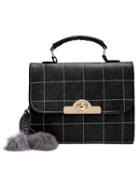 Shein Black Metal Twist Lock Plaid Hairball Embellished Shoulder Bag