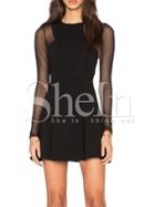 Shein Black Pleated Dress With Mesh Sleeve