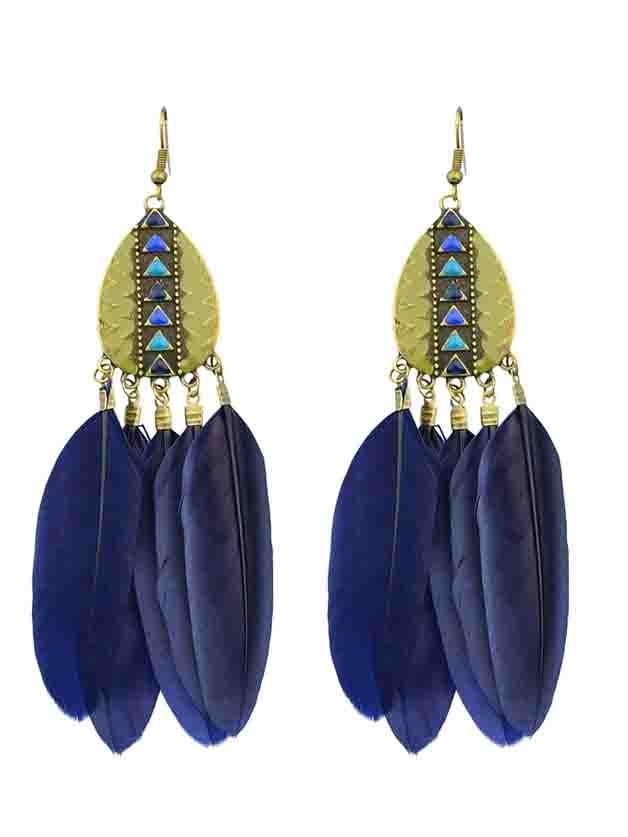 Shein Navyblue New Tibetan Design Feather Chandelier Earrings