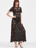 Shein Black Embroidered Rose Applique Floral Lace Dress
