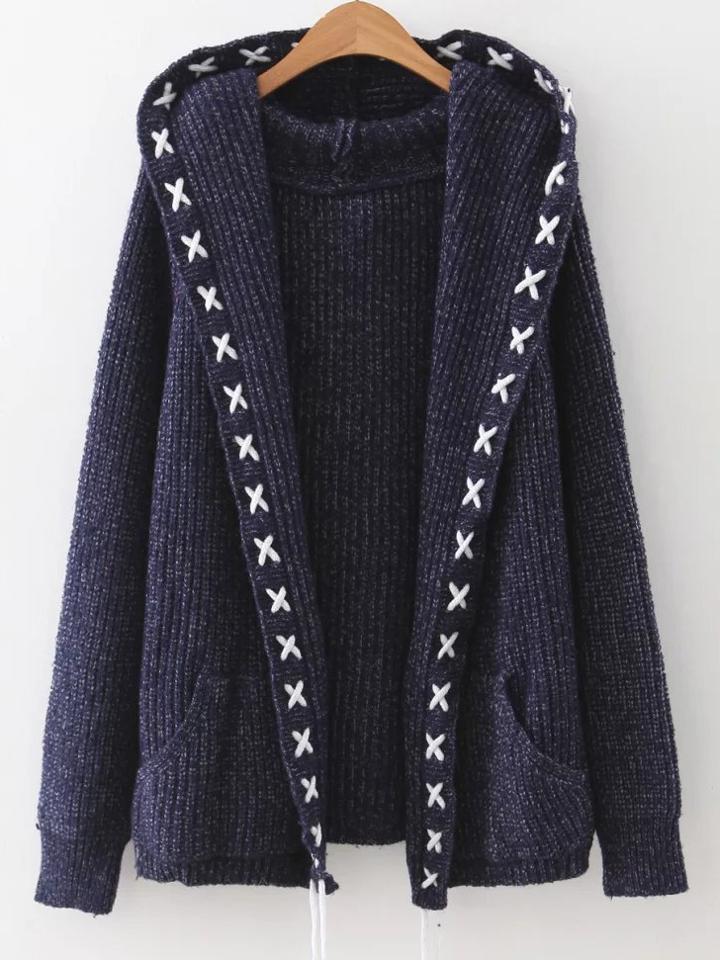 Shein Navy Lace Up Trim Hooded Cardigan With Pockets
