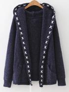 Shein Navy Lace Up Trim Hooded Cardigan With Pockets
