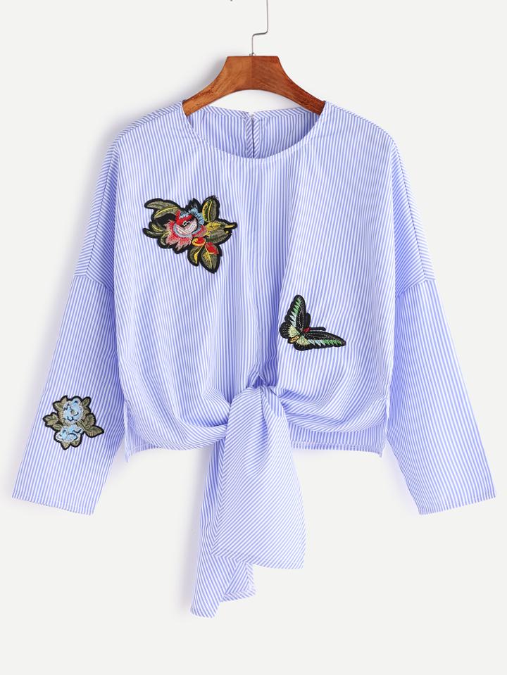 Shein Blue Vertical Striped Embroidered Patch Knotted Hem Blouse