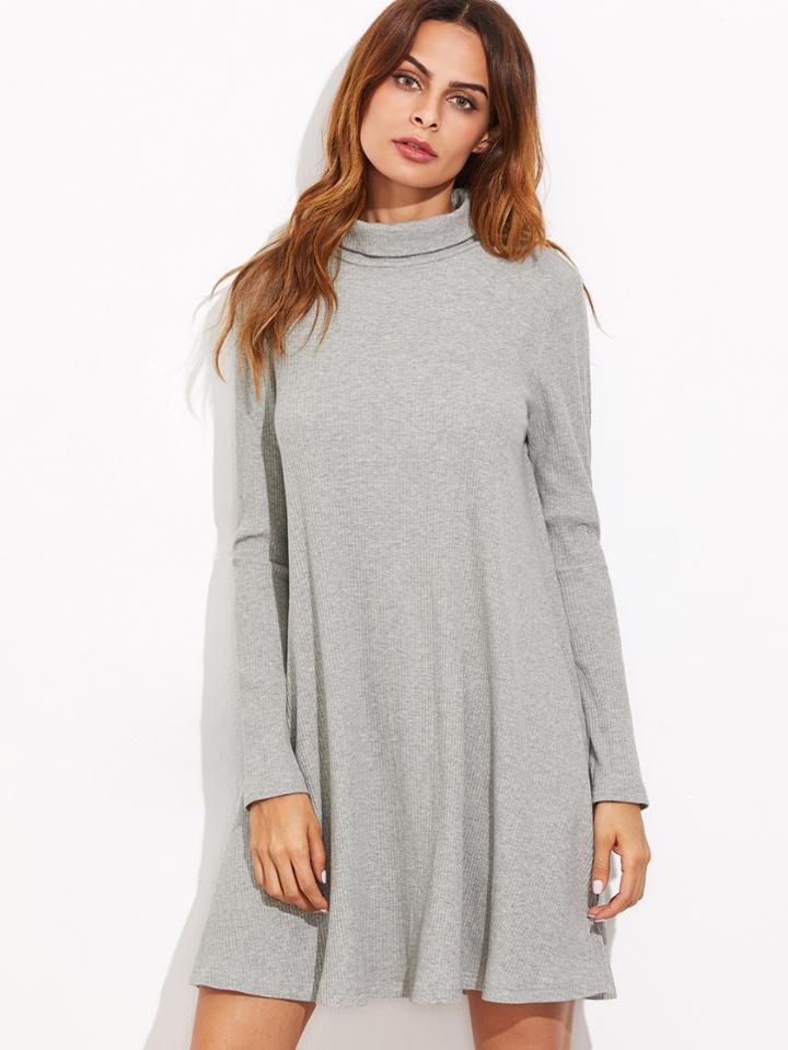 Shein Heather Grey High Neck Ribbed Swing Dress