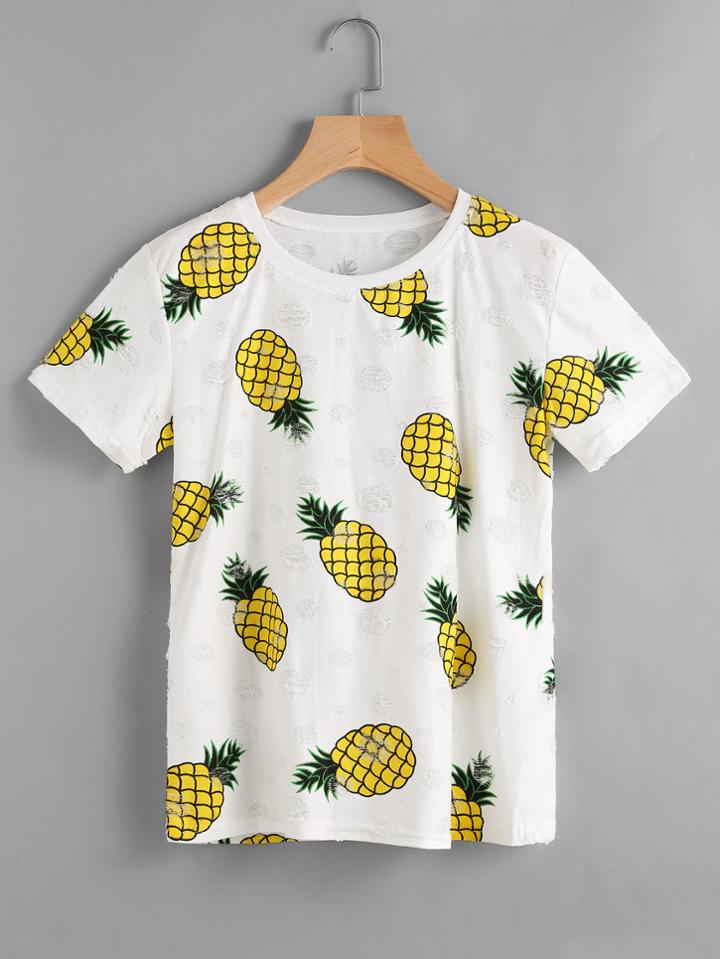 Shein Pineapple Print Frayed Jacquard Tee