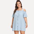 Shein Plus Cold Shoulder Button Denim Dress