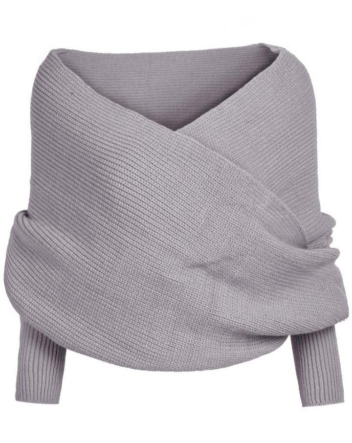 Shein Grey Off The Shoulder Crop Knit Sweater